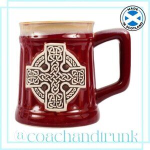 NEW STONEWARE CELTIC CROSS RED AND TAN GLAZE MUG IMPORTED FROM SCOTLAND
